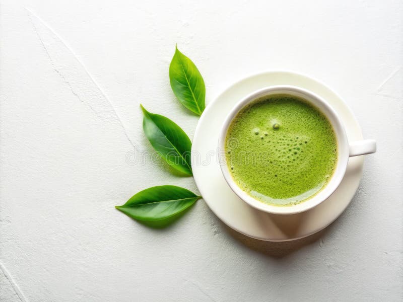 Elegant Matcha Menu Design Un joc plat minimalist cu o ceașcă albă și frunze de chibrit împrăștiate pentru dvs. vector illustration