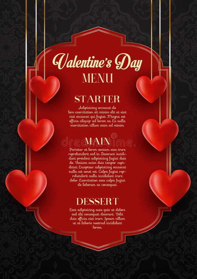 Valentine`s Day menu design with hanging hearts