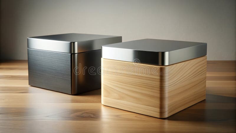 Elegant metal and wood storage boxes on polished wood surface. Generative AI stock illustration