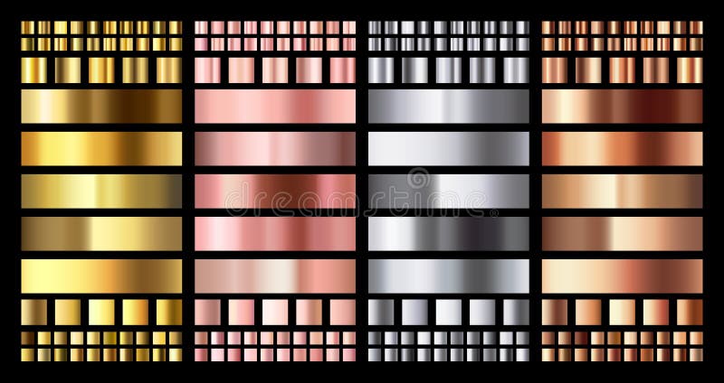 Elegant metallic gradient. Shiny rose gold, silver and bronze medals gradients. Golden, pink copper and chrome metal