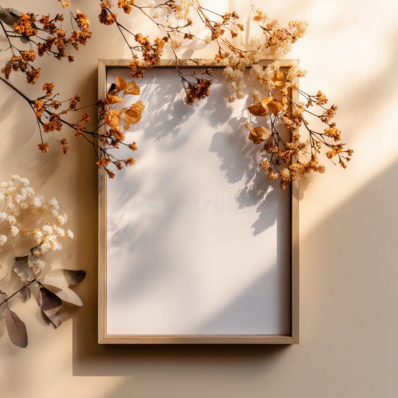 Elegant and Minimalist Empty Frame Surrounded by Dried Flowers and Leaves on a Soft Beige Background for Creative Display Ideas royalty free stock images