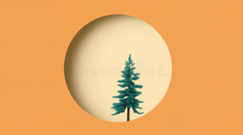 Minimalist Pine Tree Silhouette in Circle Frame on Orange Background, Simple Nature Art Design for Contemporary Decoration royalty free illustration