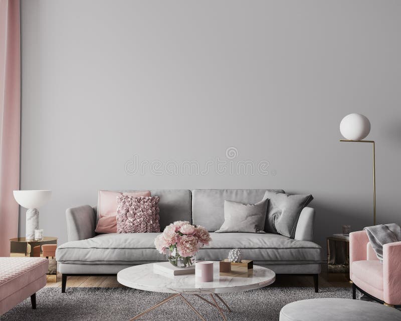 Elegant, modern utformning av vardagsrumsvägg i rosa och grå hemdekoder vektor illustrationer