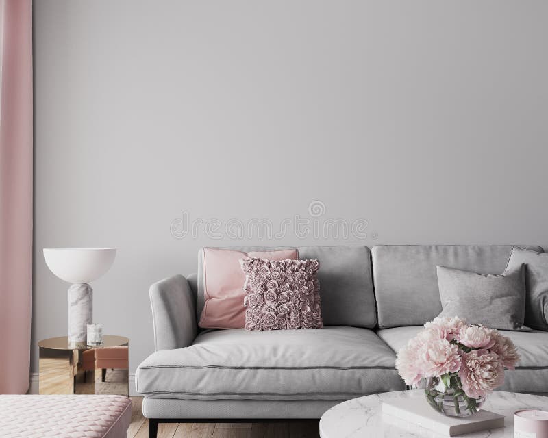 Elegant, modern utformning av vardagsrumsvägg i rosa och grå hemdekoder royaltyfri illustrationer