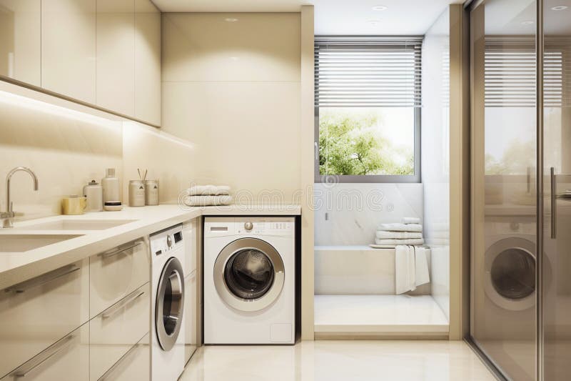 Elegant Modern Utility Laundry Room with Washing Machine, Shower Closet ...