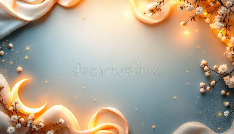 Elegant Moon and Flowers with Golden Light on Soft Silk Fabric royalty free stock images