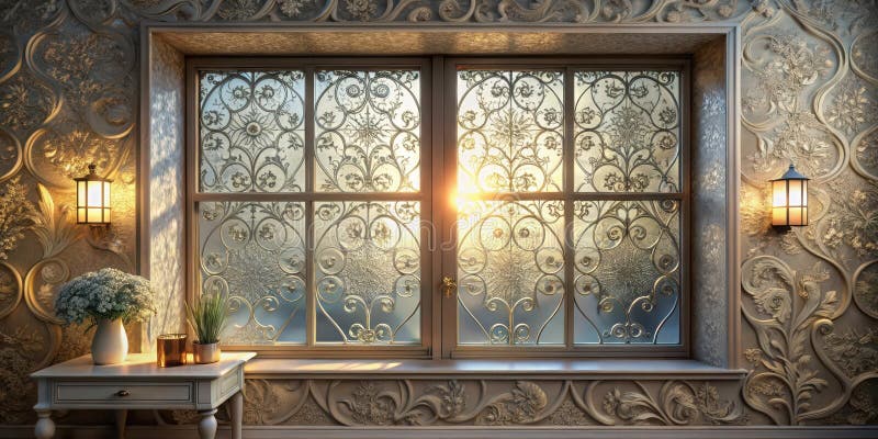 Elegant ornate window with sunset glow illuminating intricate glasswork and wall decor. Generative AI vector illustration