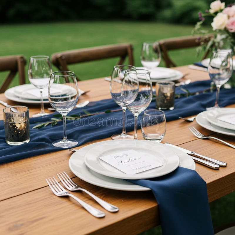 Elegant outdoor table setting features a wooden table adorned with a navy blue table royalty free stock images