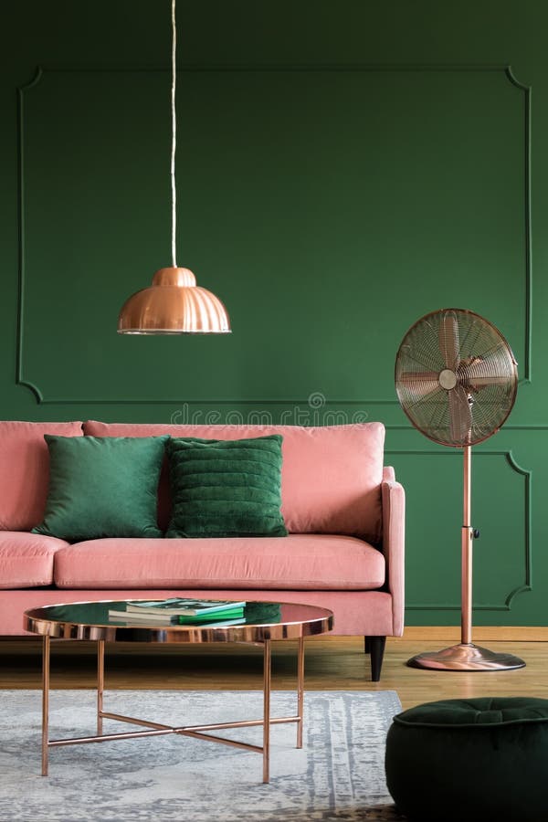 Elegant Pastel Pink and Emerald Green Interior with Sofa and Coffee Table  Stock Photo - Image of copper, estate: 160054720