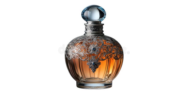 Elegant perfume bottle with ornate design isolated on transparent background stock image