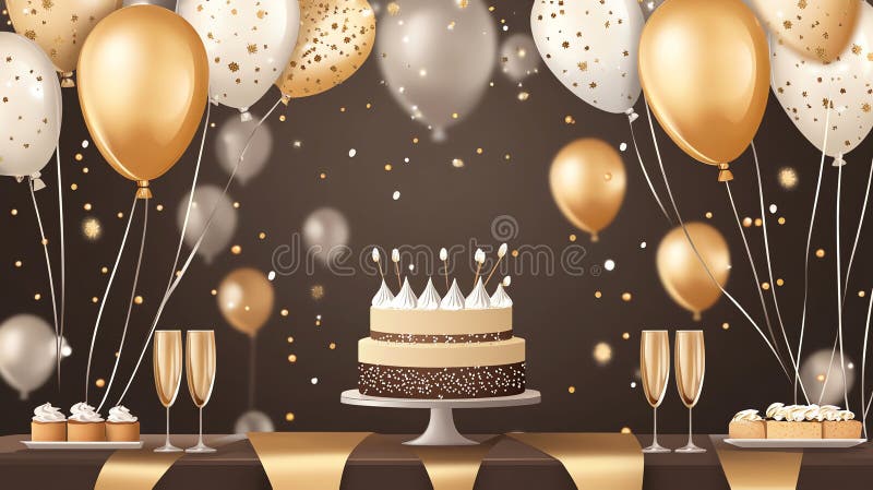 Elegant petrecere de ziua de nastere setup tort delicios cu baloane de aur și confetti perfect pentru invitații site-uri web și so royalty free stock photography