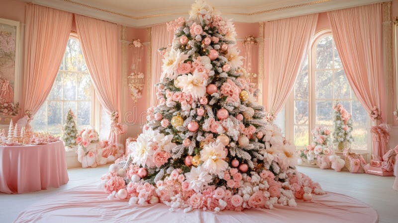 Elegant pink christmas tree decor in luxurious room setting stock illustration