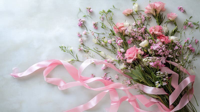 Elegant pink floral bouquet with ribbons on soft background royalty free illustration