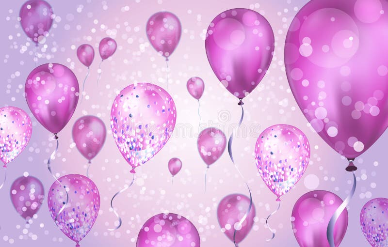 Elegant Pink Flying helium Balloons with Bokeh Effect and glitter. Wedding, Birthday and Anniversary Background. Vector illustration for invitation card, party brochure, banner