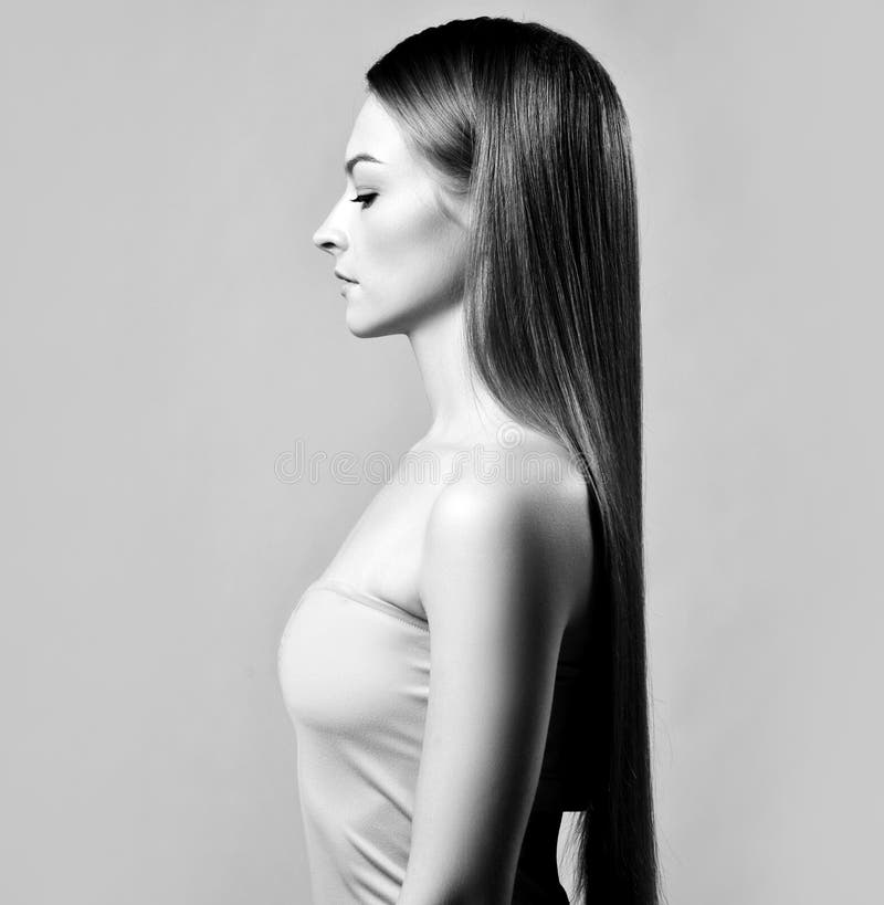 Elegant Profile of Young Beautiful Woman with Silky Long Straight Hair  Standing and Looking Down Stock Image - Image of lady, glamour: 204032151
