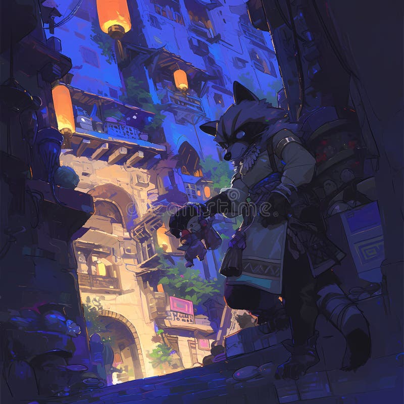 Elegant Raccoon in a Stylish Market, Night-time Atmosphere vector illustration