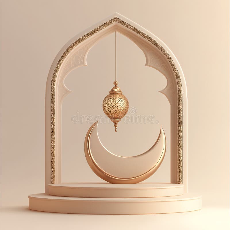 Elegant Ramadan Crescent Moon Lantern Arch Design 3D Art Gold Beige Faith Image vector illustration