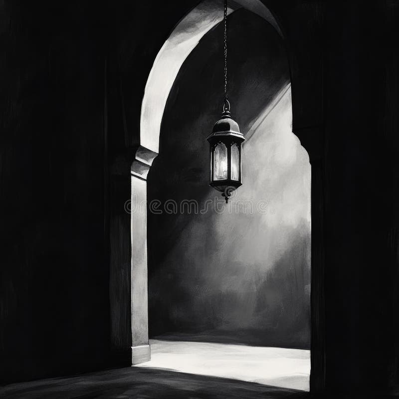 Elegant Ramadan lantern illuminating a tranquil archway in soft shadows. Generative AI royalty free stock photography