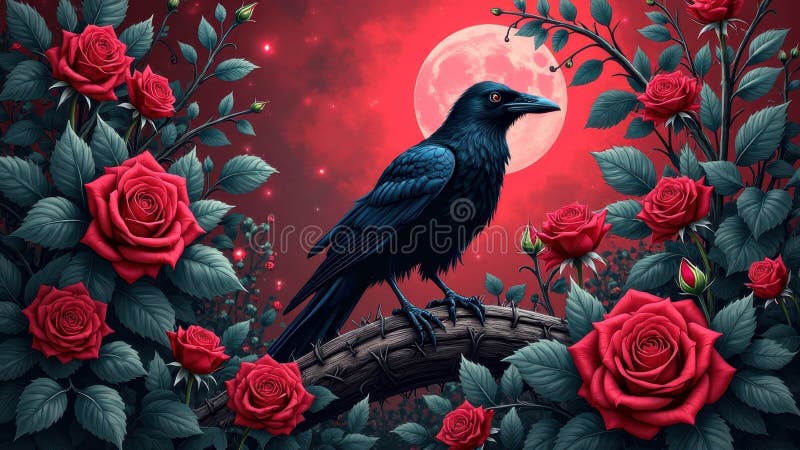 Elegant raven perched among vibrant red roses under a luminous full moon stock photos