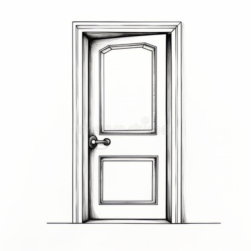 Elegant Realism Handpainted Black and White Door Drawing Stock
