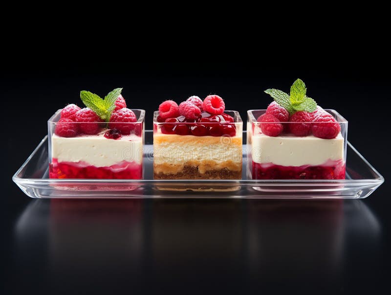 An elegant rectangular plate with various types of soufflé and jelly. served with elegance stock illustration