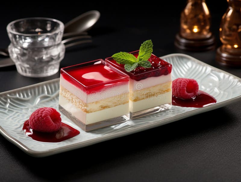 An elegant rectangular plate with various types of soufflé and jelly. served with elegance vector illustration