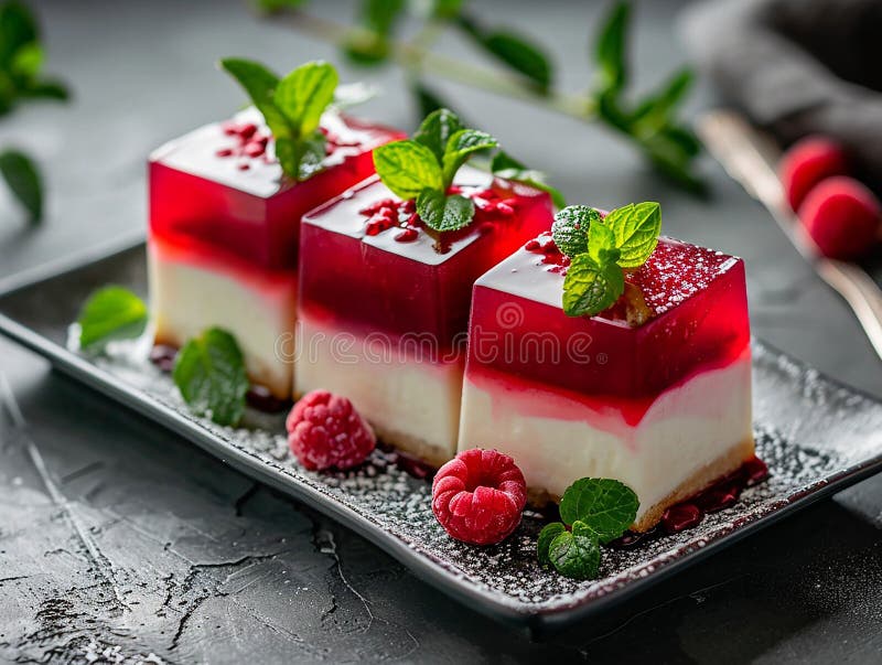 An elegant rectangular plate with various types of soufflé and jelly. served with elegance stock illustration