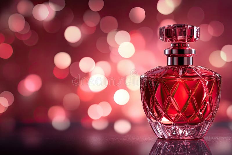 Elegant red perfume bottle with shimmering bokeh background at evening glow. A striking red perfume bottle reflects light against a blurred background of shimmering colors. AI generated
