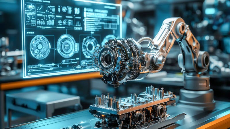 Elegant robotarm som sätter samman intrikata motorkomponenter på en lätt belyst framtida arbetsbänk med holografi royaltyfri foto