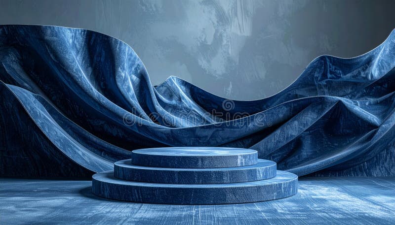 Elegant Round Stepped Display Stand with Blue Textured Fabric in Studio Setting. Elegant round display stand illustrations