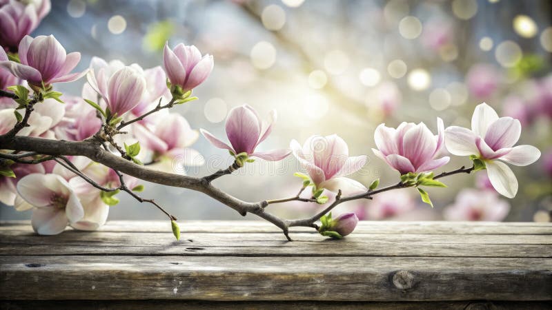 Elegant Rustic Whitepred Wood Mockup z delikatnym różowym Magnolia Blooms Wiosenne Tło Fotograficzne dla Candid i ilustracja wektor