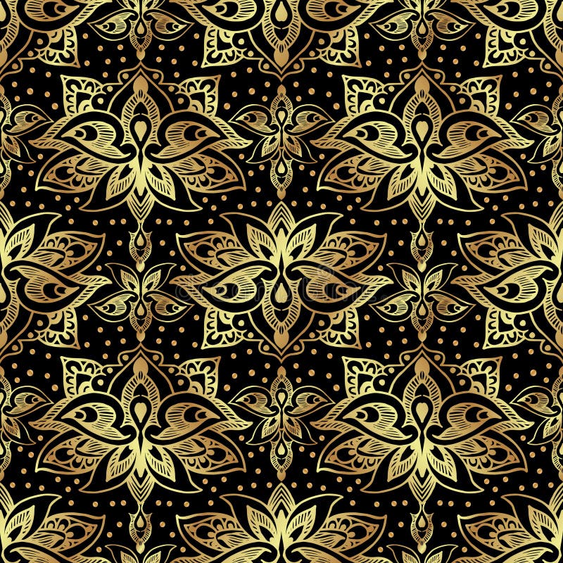 Elegant seamless pattern with royal lilies. Golden flowers on a black background.