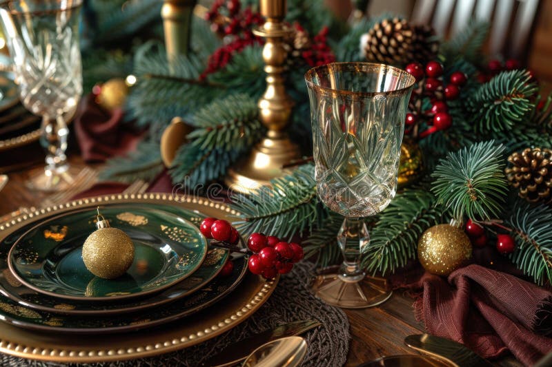 Elegant semesterbordsinställning med festive dekorations christmas tableware crystal glass pine Cones golden Candle-hållare vektor illustrationer