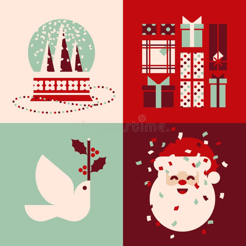 Set of retro Christmas cards with snow globe, holiday gifts, white dove and cute Santa Claus stock illustration