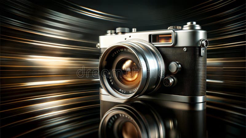 Elegant silver camera with a large lens, placed on a glossy surface, surrounded by a swirling abstract background, combining stock illustration