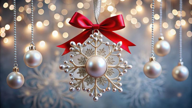 Elegant snowflake ornament with pearl and red bow, hanging amidst shimmering lights and pearl baubles. Generative AI stock illustration
