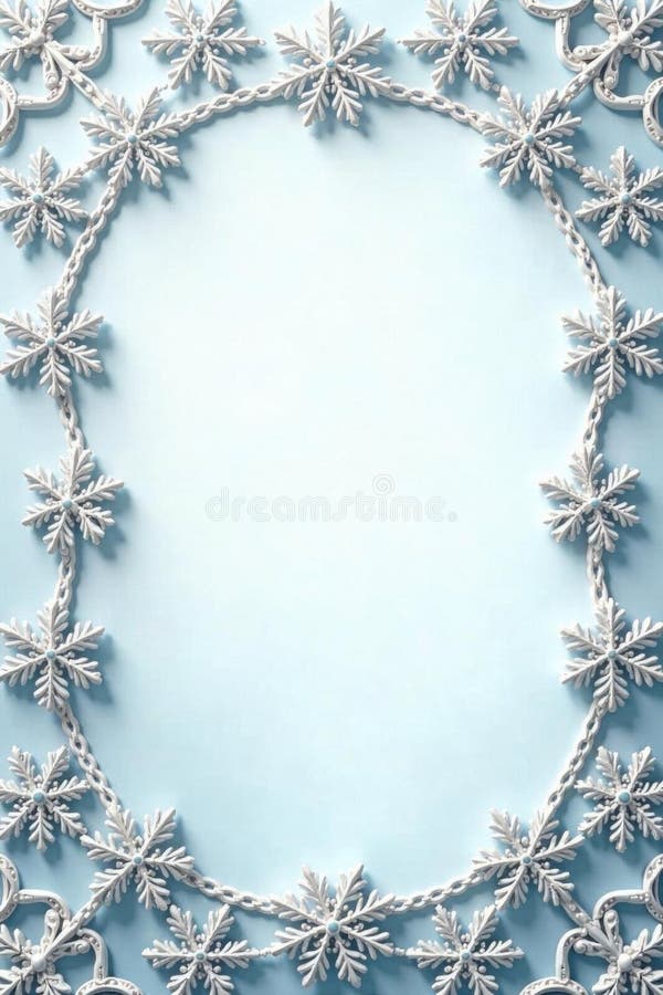 Elegant snowflake pattern featuring a lacy frame with delicate edges , pattern, ornament, winter. Intricate snowflake pattern frames a light blue background, creating an elegant, lacy border. The snowflakes, crafted with delicate edges, are linked by twisted, rope-like designs, enhancing the winter-themed aesthetic. The symmetrical arrangement forms an oval frame, ideal for ornamental or decorative purposes, evoking a sense of grace and sophistication.