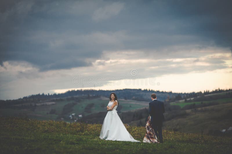 Elegant stylish happy brunette bride and gorgeous groom at the s stock image Elegant stylish happy brunette bride and gorgeous groom at the s stock image