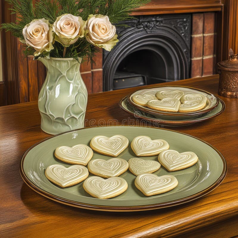 Elegant table setting features pink heart-shaped cookies stock photo