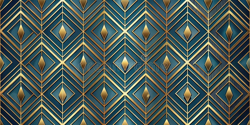 Elegant teal and gold geometric pattern design with interlocking rhombus shapes and linear accents. Generative AI royalty free illustration