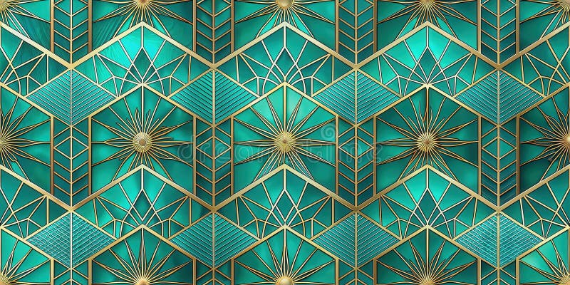 Elegant teal and gold geometric pattern design with intricate starburst accents and linear motifs. Generative AI vector illustration