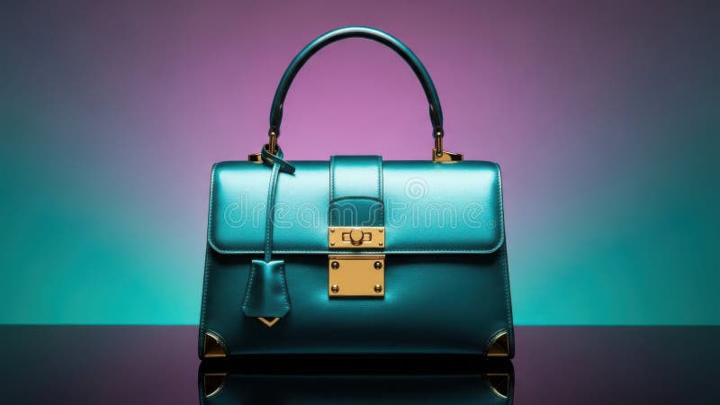 Elegant teal handbag with golden lock on a reflective surface stock illustration