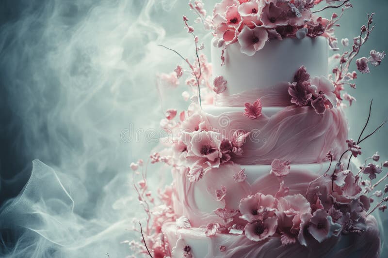 Elegant three-tier cake with pink floral decor and misty backdrop stock illustration