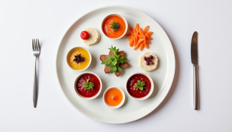 Elegant tiradito med färglösa såser på minimalistisk platta, kulinär konst royaltyfria bilder