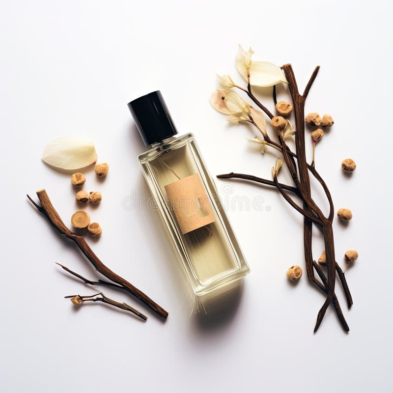 Elegant Transparent Perfume Bottle with Black Cap and Cinnamon Sticks on White Background royalty free stock photo