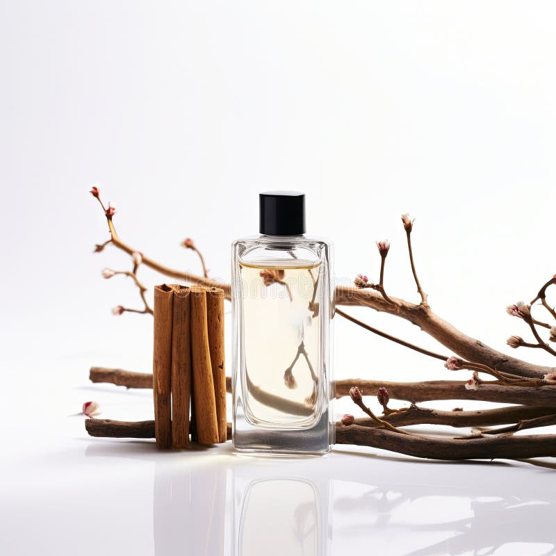 Elegant Transparent Perfume Bottle with Black Cap and Cinnamon Sticks on White Background stock photos