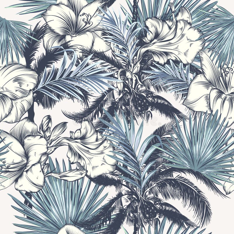 Elegant tropiskt mönster för vektorer med blommor, palmblad och palmer royaltyfri illustrationer