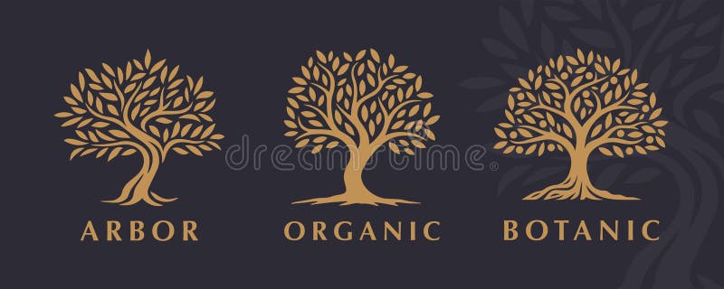 Elegant trädlogotypemblem med organisk och botanisk design royaltyfri illustrationer