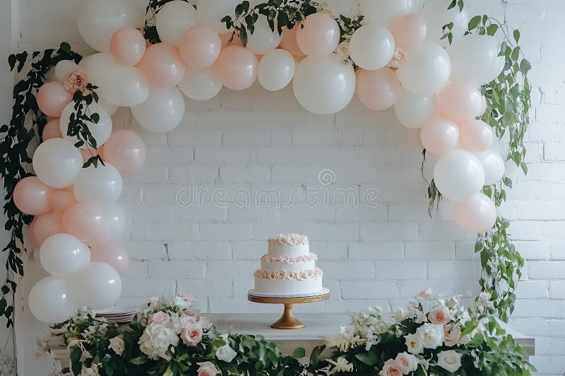 Elegant Two-Tier WedCake med Blush Roses och Balloon Arch stock illustrationer