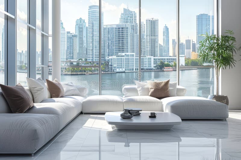 Elegant urban living city apartment with stunning panoramic skyline waterfront views stock illustration